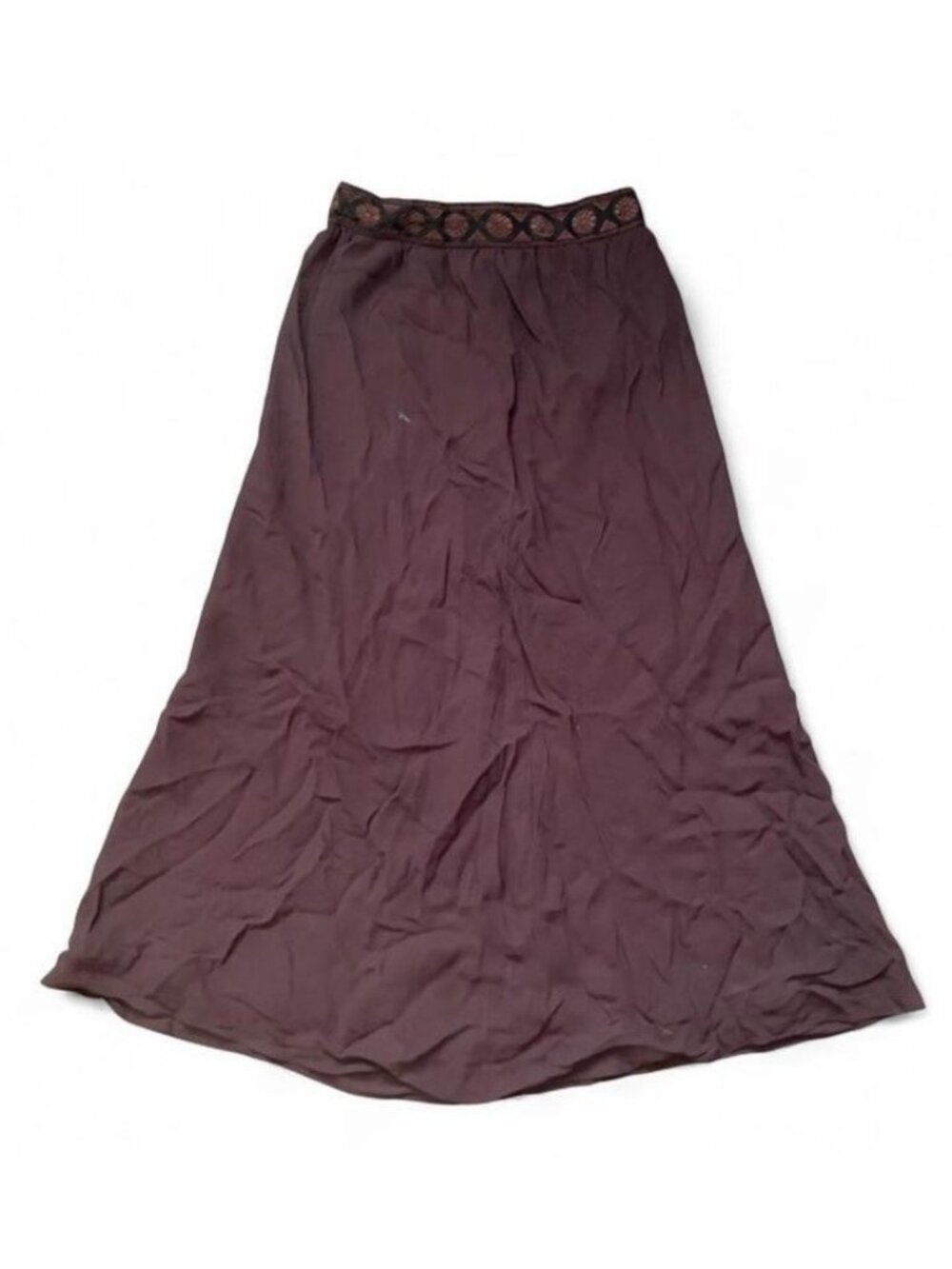 Vintage Burgundy Brown Boho Midi Skirt Embroidered Waistband 90s Hippie